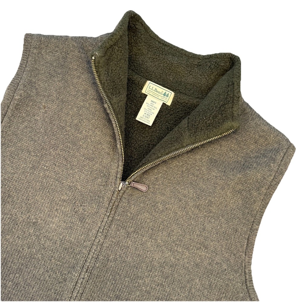 LL Bean Sweater Vest Men's M Waterfowl Full Zip Lambs Wool Blend Pockets